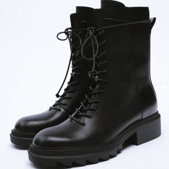 ZARA LUG Sole Laced Leather Ankle Boots - Picture 2 of 5